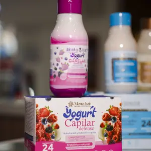 Tratamiento capilar hidratante Yogurt Capilar Defense de Menta Hair en botella rosa de 550 ml sobre caja con 24 sachets de 30 ml.